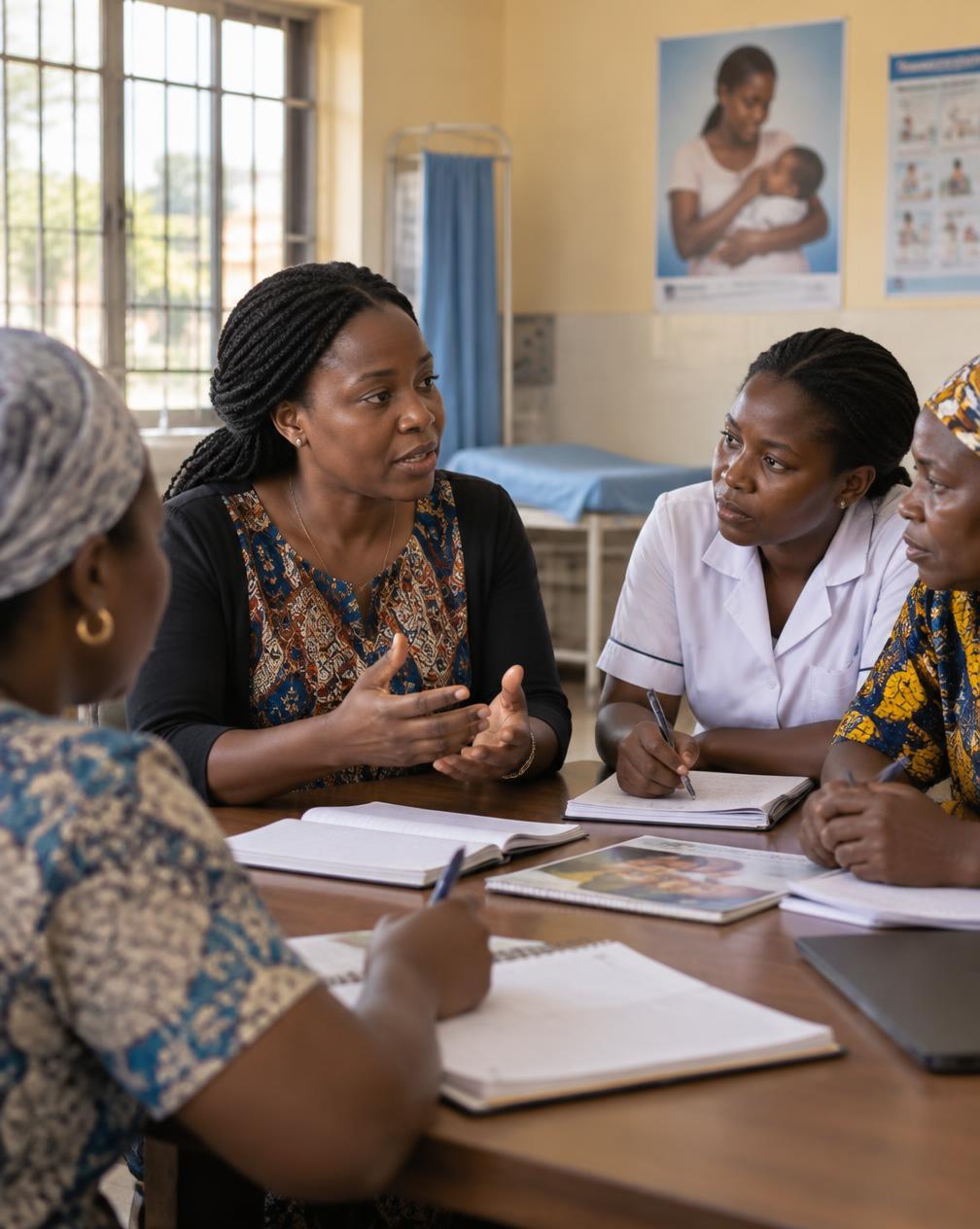 Public health researcher in discussion with community health workers